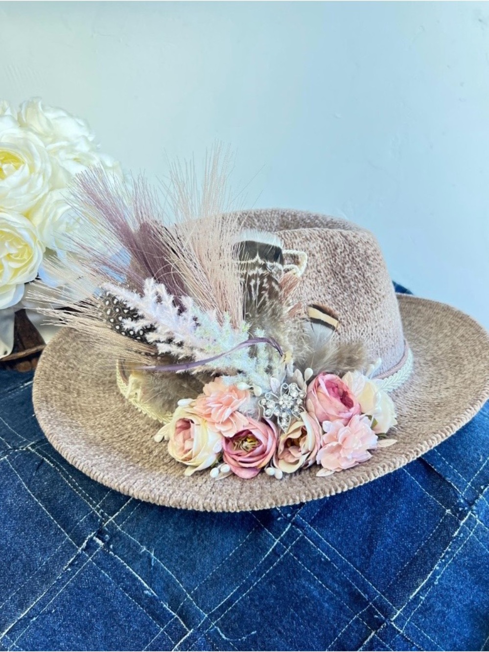 Boho Floral Feather Knit Fedora Hat Romantic Cottagecore Western Hat